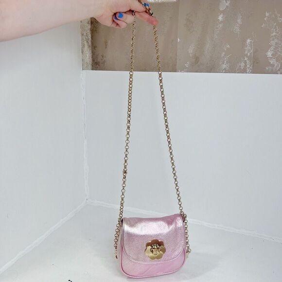 NWOT Eric Javits Pink Metallic Pebbled Leather Crossbody Bag Gold Chain Purse - Picture 3 of 11